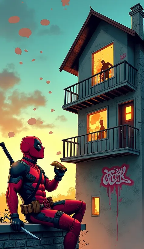 Left Side: Depict Deadpool lounging casually on the rooftop, holding a sword and a taco while looking at the sky filled with comic-style speech bubbles. Right Side: Show a quirky, modern house with shattered windows and graffiti-like Deadpool’s logo on the...