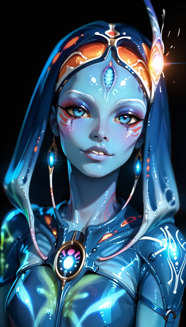 medieval extraterrestrial creature, alien being, ((non-human)), female seductive alien, colorful skin, holographic alien tribal,...