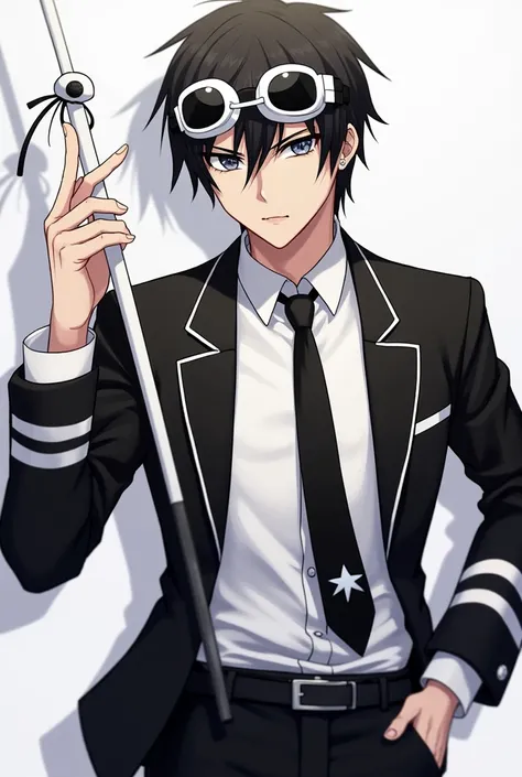 Shinichi Sakurai desperado wearing a white shirt and black jacket with two white stripes on each sleeve of his hands and white swimming goggles with black visors on the collar together with a black tie with a white star in the middle and with a white stick...