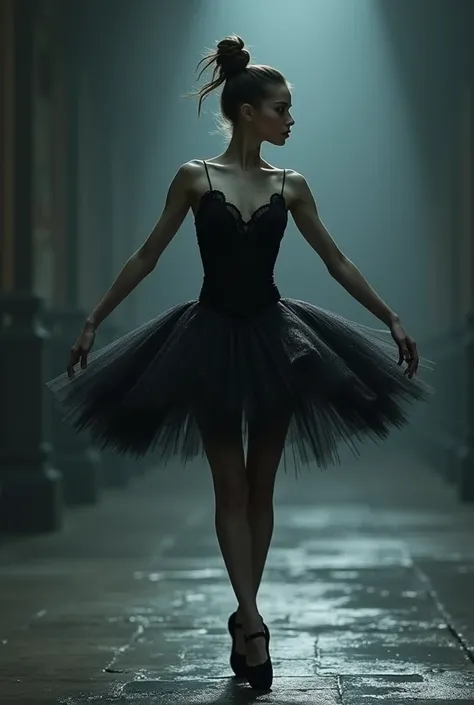 illustration of a small ballerina performing a dance reminiscent of the Black Swan, centered in the image and viewed from a distance