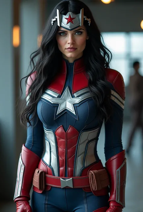 Women Captain America long black hair blue eyes knee-length red boots Long silver-colored bracelets silver-colored metal headband with a red star on her forehead Live Action HD images 