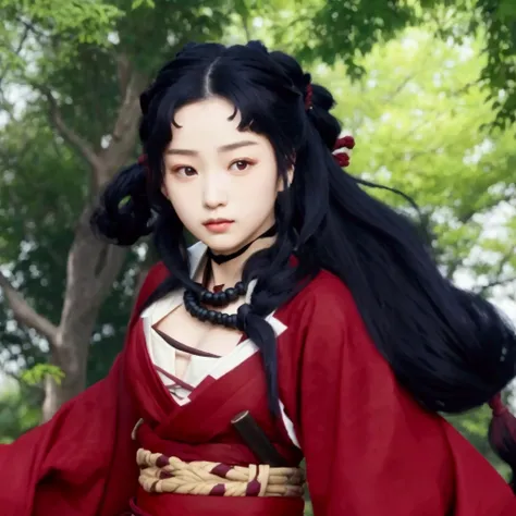 a young woman in a burgundy kimono, she has long blueish black hair (tied in a low heian style ponytail), burgundy haori, hazel eyes, she wears a simple necklace, white belt, sword sheath in belt, woods can be seen in the background, beautiful, feminine, 