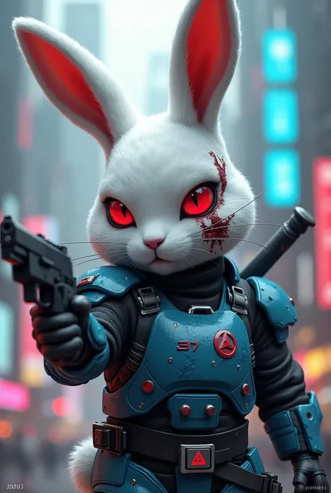 white rabbit with red eyes, on the left side of his eye there is a wound, blue armor with an etherium logo on his chest, on the left side there is the writing 37, on his back is a sword. right hand raised upwards holding a gun, with a cyberpunk city backgr...