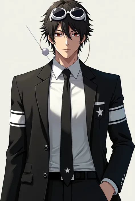 Shinichi Sakurai desperado wearing a white shirt and black jacket with two white stripes on each sleeve of his hands and white swimming goggles with black visors on the collar together with a black tie with a white star in the middle and a white ball with ...