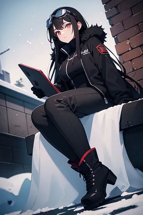 Hot girl, beautiful long black hair,dark brown eyes, snow goggles over her head, black pants, big but medium breasts, A closed short black jacket with Whitefur, long black sheer socks, snow boots, cozy area, normal expression, NOT LOOKING AT THE VIEWER