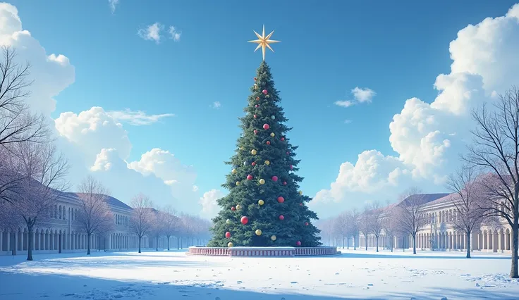 A large square with a warm atmosphere with a Christmas tree. No people. A clear sky with some clouds in a blue sky.