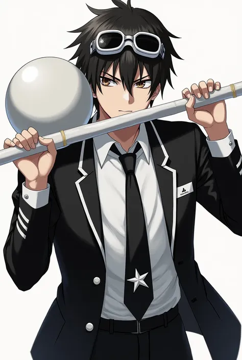 Shinichi Sakurai desperado wearing a white shirt and black jacket with two white stripes on each sleeve of his hands and white swimming goggles with black visors on the collar together with a black tie with a white star in the middle and a white ball with ...