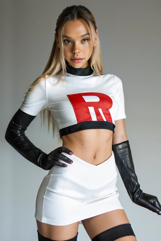 best ALEXIS-REN nsfw, xoaeriel, a woman wearing team rocket,team rocket uniform,white skirt,red letter R,crop top,black thigh-highs,black elbow gloves, sexy, realistic 