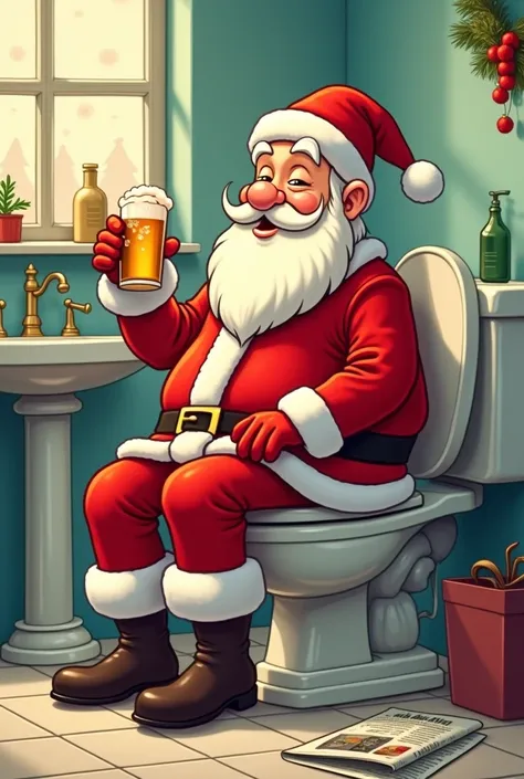 a animated drawing of santa sitting in a toilet with a beer in his hand