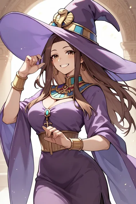 1 mature woman, brown hair, long hair, brown eyes, strong purple clothes, gold bracelet, purple witch hat, egyptian style, anime style, smiling, happy