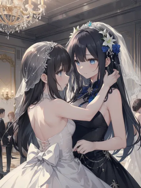 in a ballroom with sparkling chandeliers、一位黑色长发 blue eyes 的少女出现.、 invite another girl to dance 。
The two girls are sisters 。
 Two girls are attracted to each other 。  Both girls have long black hair ， blue eyes 。
 They are all gorgeous brides ，Jewels spark...