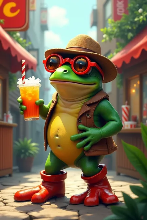 A funny frog buying hard drink Ram from a drink seller this Frog wearing funny hat and funny boots with red funny sunglasses 