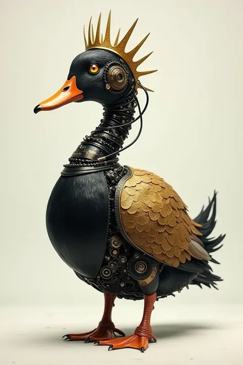 One head of a black duck, half a robot duck and the other half a king duck