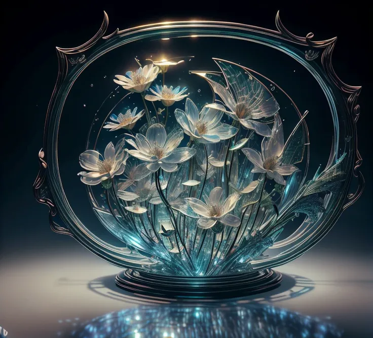  The masterpiece of glass sculpture ，There are beautiful flowers and beautiful dragonflies inside，water，The light shines ，Fantastic， High Quality ， high detail， best quality ，，4K，8k，