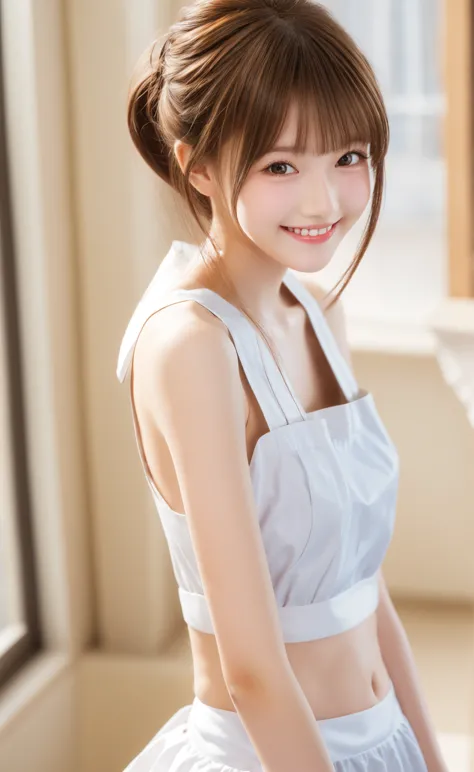 maid,cute pretty girl,masterpiece,high definition,4k,8k,16k,chignon hair,brown hair,skinny,thin body,smile