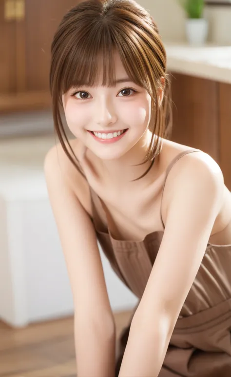 maid,cute pretty girl,masterpiece,high definition,4k,8k,16k,chignon hair,brown hair,skinny,thin body,smile