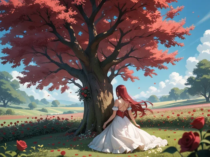 erza scarlet in a rose field garden with her back against a tree at night looking at the sky