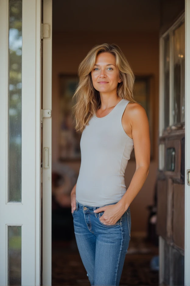 athletic beautiful mid 40s Canadian woman wearing tank top and jeans at home standing by front door.  photograph