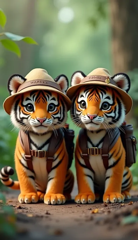 couple of cute mini tiger dressed as explorers