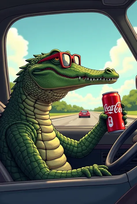 Alligator driver wearing glasses and drinking Coca-Cola while driving 