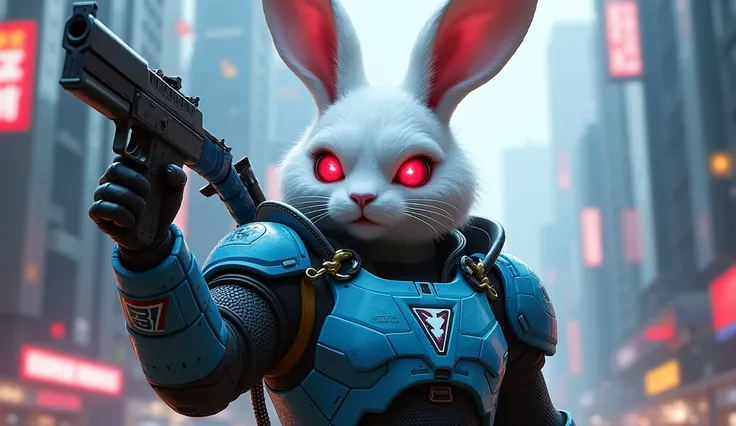 white rabbit with red eyes, on the left side of his eye there is a wound, blue armor with an etherium logo on his chest, on the left side there is the writing 37, on his back is a sword. right hand raised upwards holding a gun, with a cyberpunk city backgr...