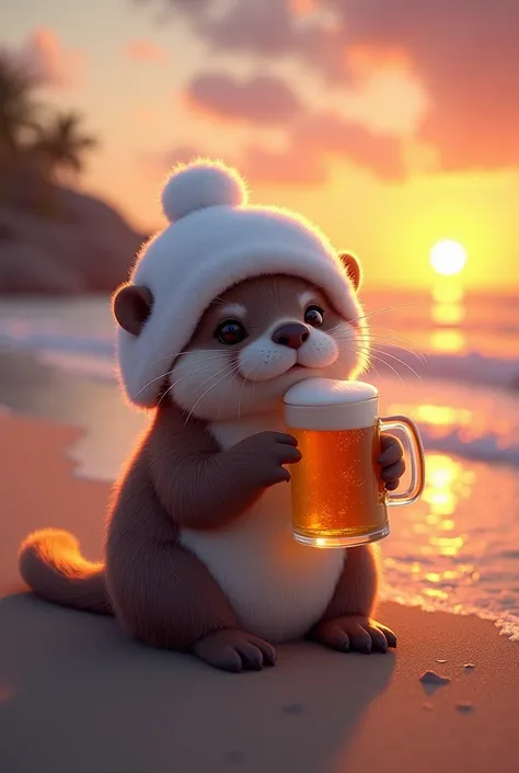 Otter drinking beer on the beach wearing DJ marshmallows cap and listening to electronic music 