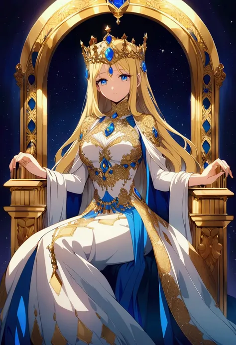  slender, mature female, A beautiful woman, with long blonde hair and striking blue eyes, sits elegantly on a golden throne-like structure. She wears a detailed, flowing white gown adorned with intricate golden embroidery and numerous sapphires or blue gem...