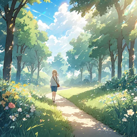 Anime-style illustration of a person walking on a peaceful path surrounded by green grass, flowers, and trees, under a bright blue sky with white clouds. Casual clothing, calm atmosphere, soft sunlight