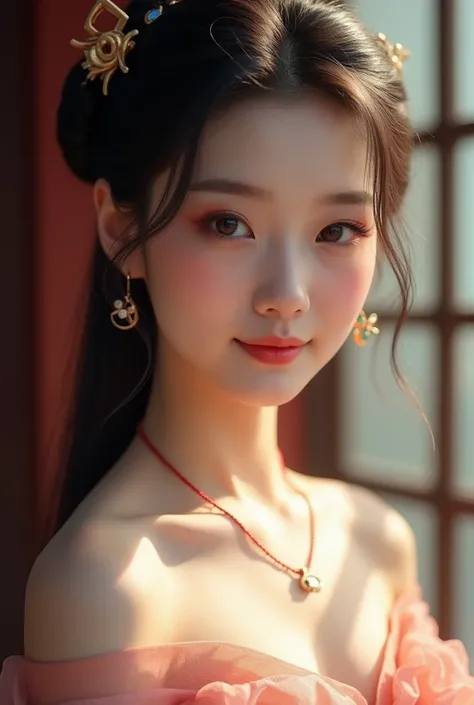 Superb Quality, Masterpiece, High Resolution, 1Girl, Blush, (Seductive Smile: 0.8), Star Pupil, Chinese Hanfu, Hair Accessories, Necklace, Jewelry, Beauty, on_body, Tyndall Effect, Realistic, Shadow Room, Light Edge, Two-tone Lighting, (High Detail Skin: 1...