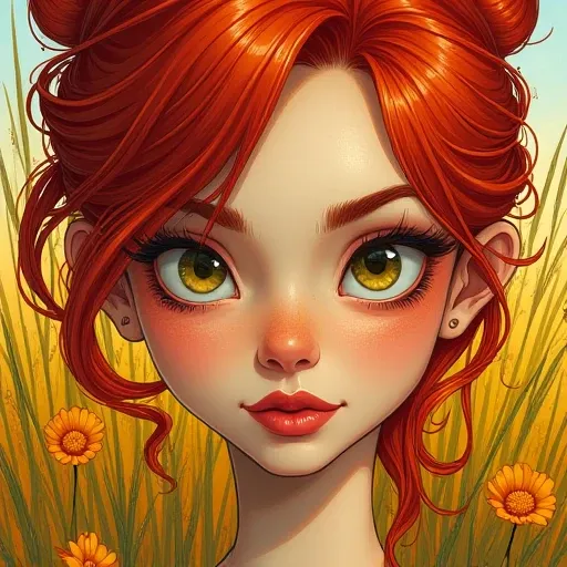 

A close-up portrait of a red-haired woman with fiery, whimsical expression and exaggerated features, hand-drawn with bold lines and layered textures. She exudes confidence and mystery with muted shadows adding depth. The sunlit meadow provides a backdrop...