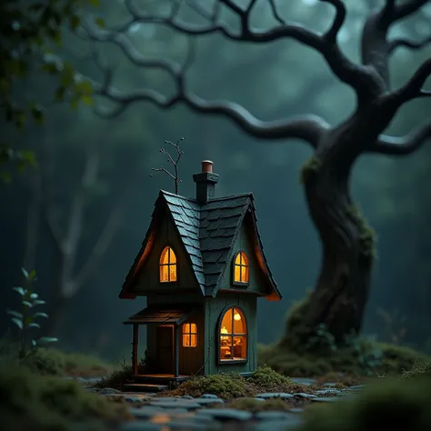 Small toy house, Tim Burton STYLE, dismal, Wood, A tree, dark