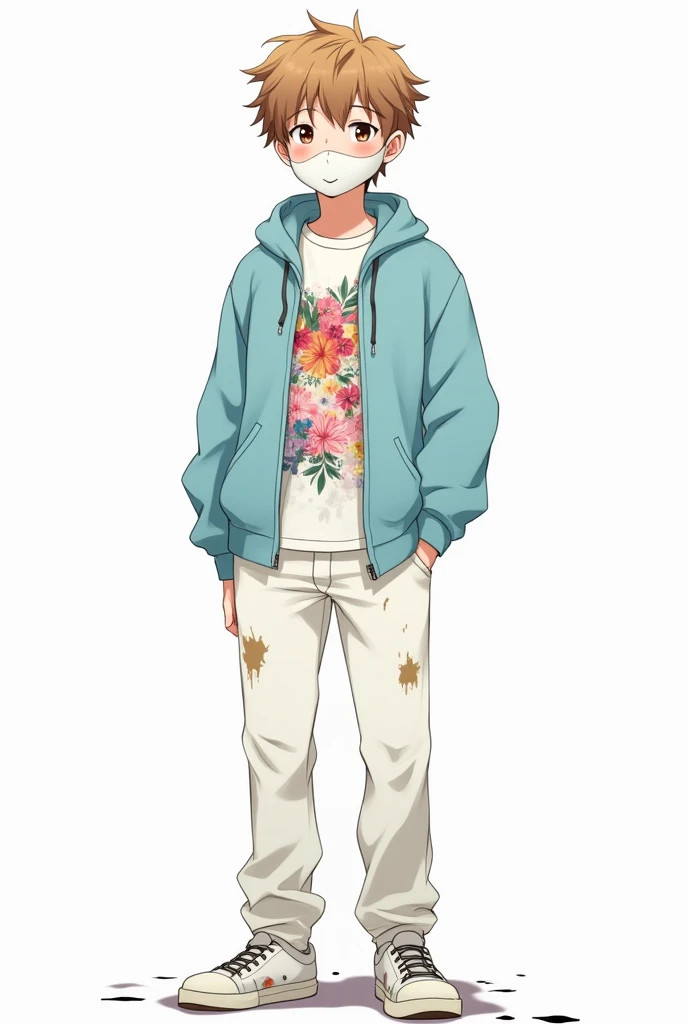 (anime) A teenage boy , brown haired,  Light brown eyes, wearing a light blue sweatshirt with a white shirt with a colorful flower design underneath, white pants and sneakers ,  and a white mask with a smile drawing and all soiled with ink 