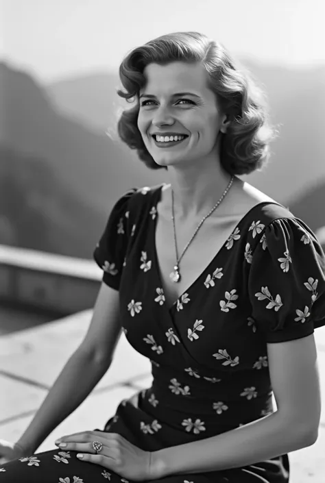  Eva Braun , young and smiling ,  sitting on a terrace in Berghof  ( Hitlers Alpine residence ).  She wears an elegant dress from the 1930s,  with floral patterns .  The background shows mountains and a clear sky ,  but her smile seems somewhat forced ,  r...