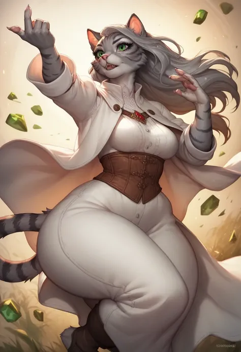 Furry, anthro, female cat, grey fur, tabby, emerald eyes, long hair, medieval fantasy,  white tunic , white trench coat, big ass, big hips, thick thighs, medium=breasts, healer, dynamic pose, gesture