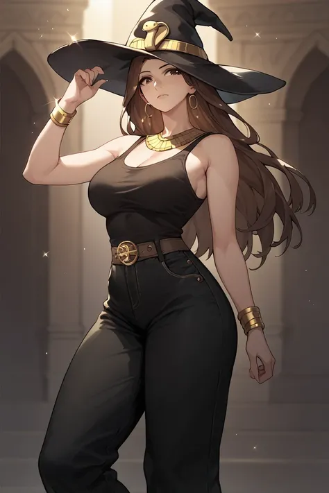 1 mature woman, brown hair, long hair, brown eyes, black tank top, gold bracelet,black pants,wide pants, black witch hat, egyptian style, anime style,