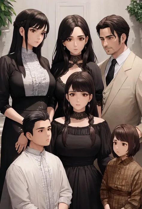 a family portrait, 2 man, 2 woman, father with black hair, mother with brown hair, daughter with black hair, son with brown hair, no ren, high quality, award winning, cinematic lighting, photorealistic, 8k, high resolution, dramatic lighting, intricate det...