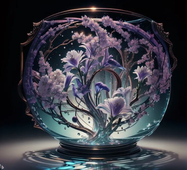  The masterpiece of glass sculpture ，There are beautiful irises and beautiful cherry blossoms inside，water，The light shines ，Fantastic， High Quality ， high detail， best quality ，，4K，8k，