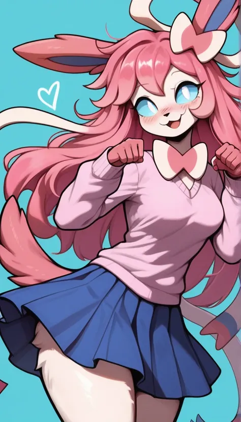 Happy expression, slightly crazy expression, 1girl, anthro, furry, fur, fluffy fur, fluffy big pink tail, sylveon girl, pink hair, long hair, messy hair, cyan hair highlights, (19 years), white eyes, cyan sclera, medium breast, thicc thighs, lots of hearts...