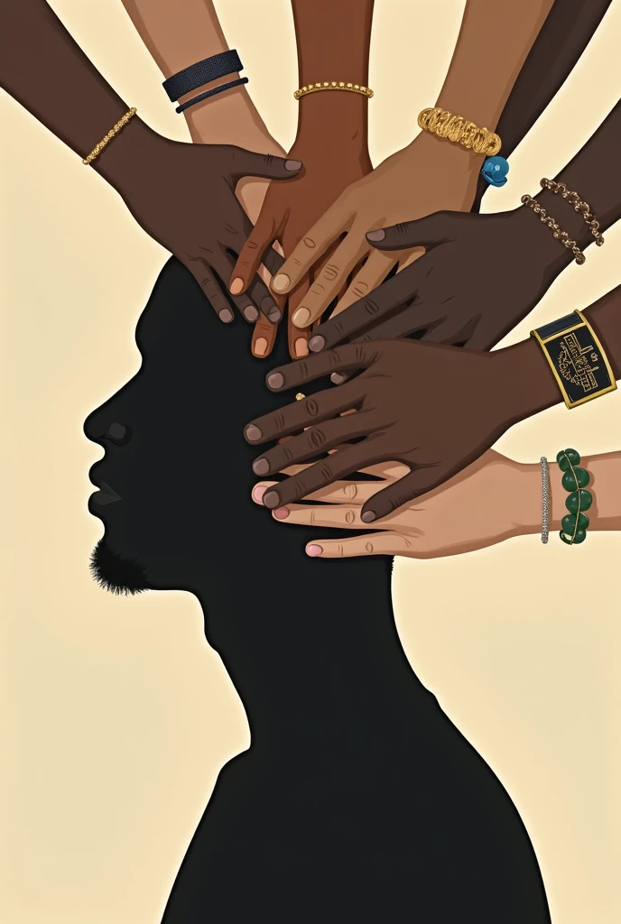 silhouette of a mans face ,  being held in all directions by 7 different hands ,  7 hands of different skin colors shaping and creating the face of man, each hand has its accessories from different cultures 