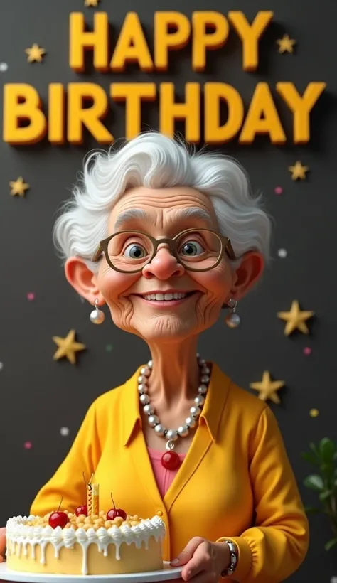 3D caricature of a 78 years old woman,celebrating her birthday, holding a cake, wearing necklace with name "HAPPY BIRTHDAY BABA REMY SAMACO" clear visible written 3D letter style on the wall, embossed and realistic, High-quality realistic photo in black ye...