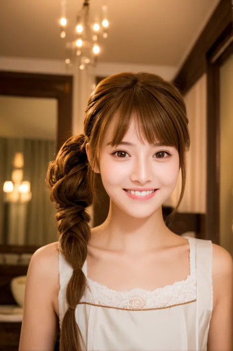 maid,cute pretty girl,masterpiece,high definition,4k,8k,16k,chignon hair,brown hair,skinny,thin body,smile