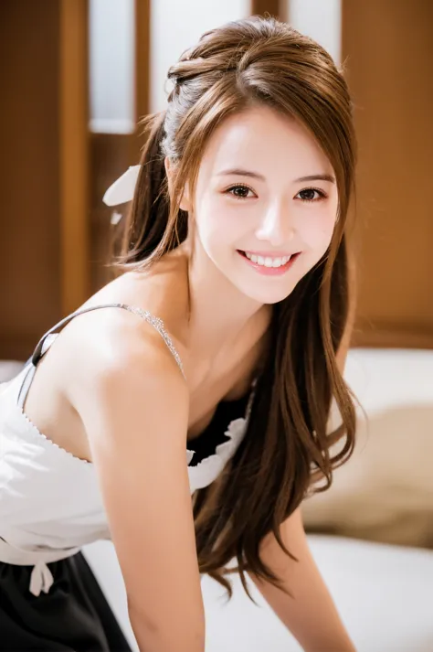 maid,cute pretty girl,masterpiece,high definition,4k,8k,16k,chignon hair,brown hair,skinny,thin body,smile