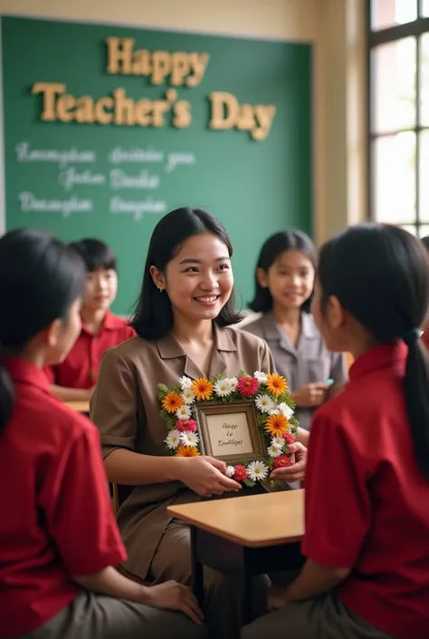  reatistis photo of a female teacher sitting in the middle of 6 primary school female pupils,  wears brown teacher clothes .
 While the student wears red and white uniform  ( Indonesian state school uniform ).
Stylish female pupil gives flower frame to tea...