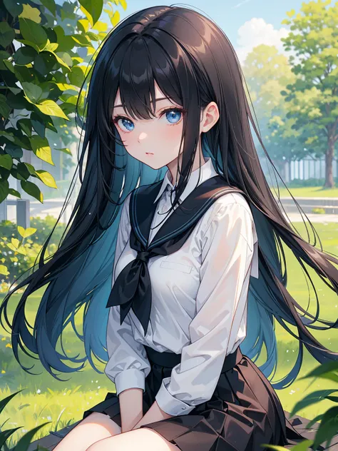    LONG BLACK STRAIGHT HAIR  , school uniform，  blue eyes ，  holding smartphone  , Relaxation posture, sit, Review, HEALTHY SKIN , Outdoor scenery, Green leaves and blue sky, Bright natural light     ,     The sun shines in from the top left,    A warm and...