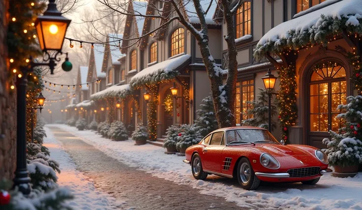 A picturesque Christmas village nestled in a snowy wonderland, with cobblestone streets blanketed in pristine white snow. A classic Ferrari 275 GTB/C Speciale, adorned with twinkling fairy lights and festive decorations, is parked alongside charming cottag...