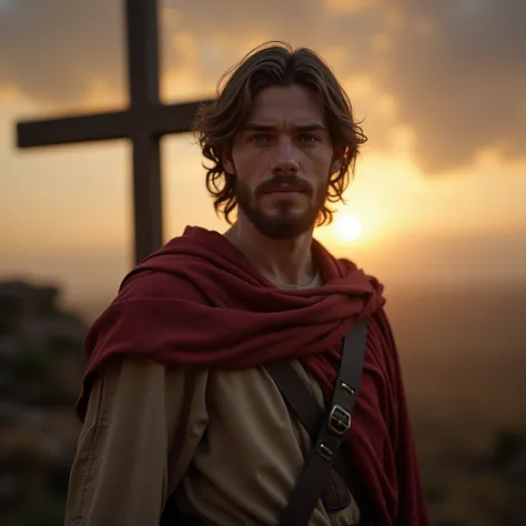  Create a warrior ,  staring at the camera ,  like an apostle ,  you can be Apostle Peter from the Bible  ( similar to him  ), Young, good-looking ,  in the background a setting with a light and an empty cross behind.   In 8k and ultra realistic graphics .