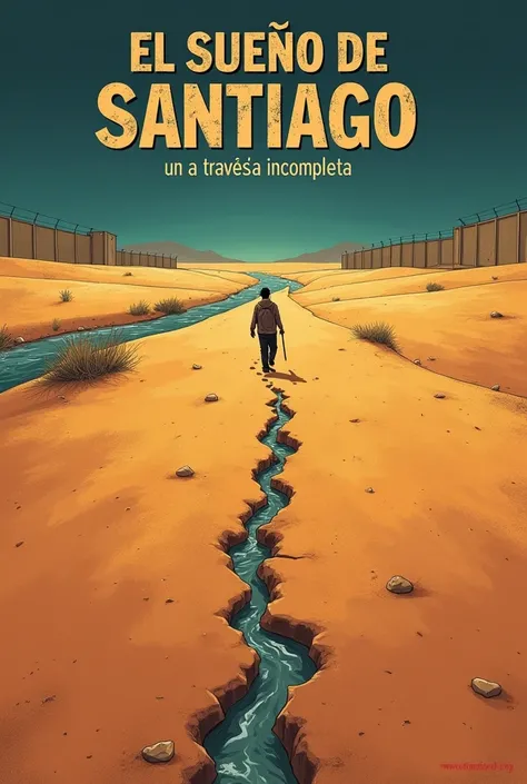 Create a dramatic and emotional comic book cover for a story titled "El Sueño de Santiago: Una Travesía Incompleta." The scene shows a vast desert landscape at sunset, with a lone figure (Santiago) walking toward the horizon. His silhouette is small agains...