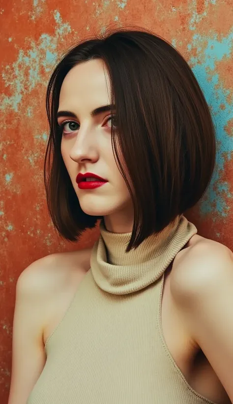 ultra-detailed, realistic, wallpaper, woman head, vulnerable, (((short bob cut))), sexual tension, crimson red lips, (sexy despair), sweat, messy, losing control, turtleneck, artwork, conceptual artwork, void, abstract, orange blue,
