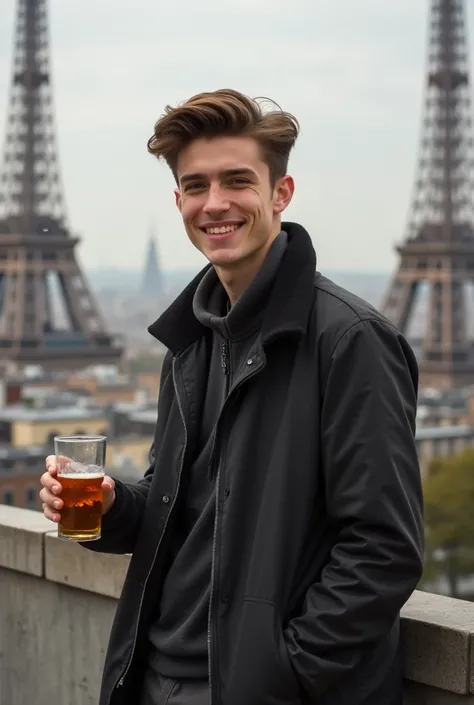 Handsome male boy Moreno of 20 years old alone and complete in the towers of Paris ,  - intensity of the uniform load : attentive, honest, noble, Hardworking, respectful, kind, dear, loyal and empathetic. High resolution,  brown hair , smile, happy, smile ...