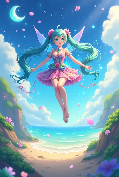 smile, blue eyes, sky,full body, cyan hair,very long hair, yellow red ,ahoge, Free Fall,Absolute Area,twintails, colored lights,sand,water,petals, four-leaf clover, blue fire, sit, crescent moon, star,light shower,glow,white